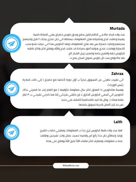 Telegram messages from Murtada, Zahraa and Laith about the marketing course