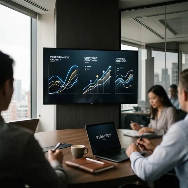 A boardroom meeting in front of a screen showing performance growth and market analysis charts