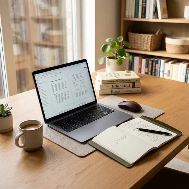 A laptop, open notebook and coffee on a desk beside a stack of books
