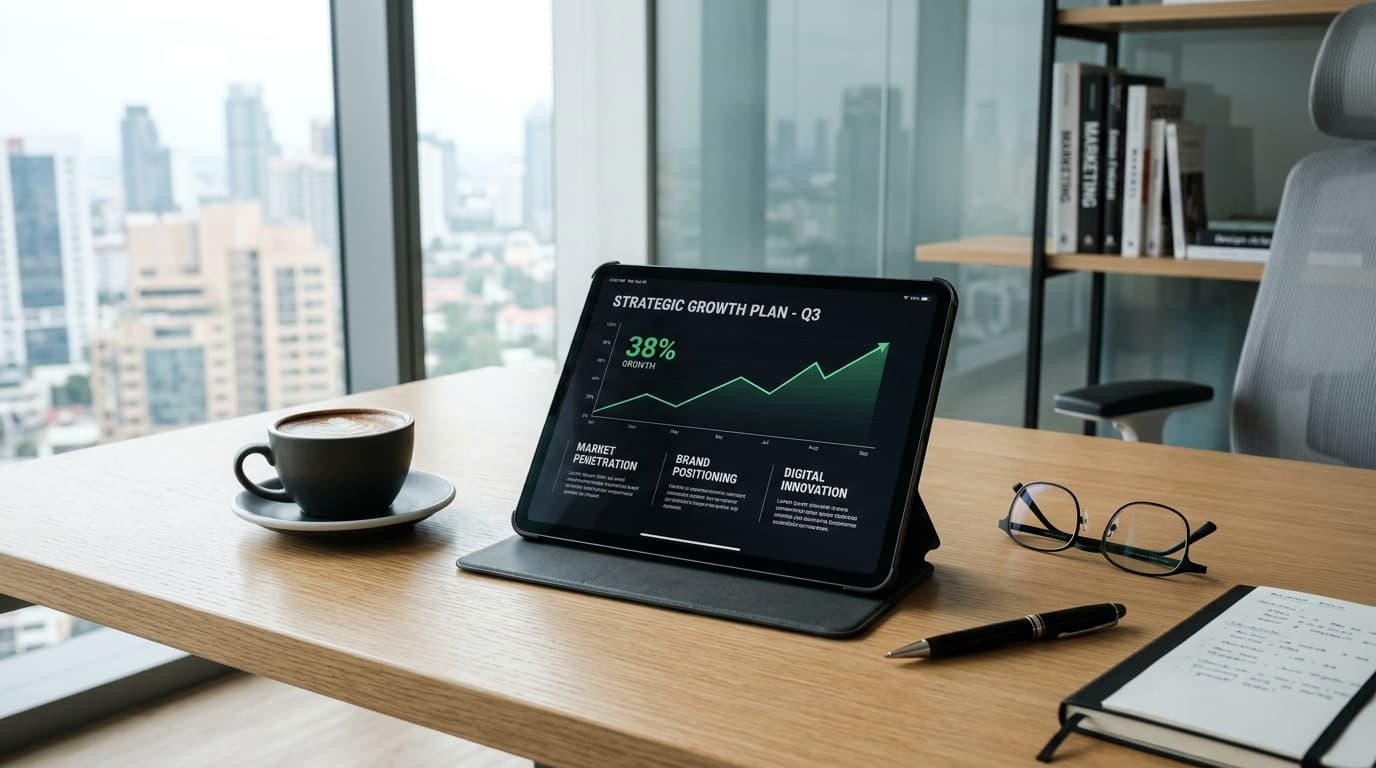 A sleek modern office desk with a tablet displaying upward growth charts and strategic plans