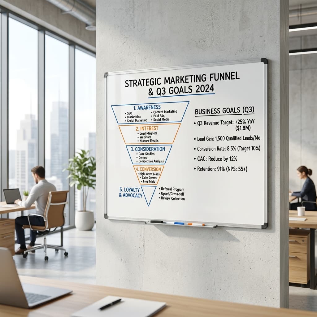 A sleek whiteboard with a strategic marketing funnel diagram and business goals mapped out